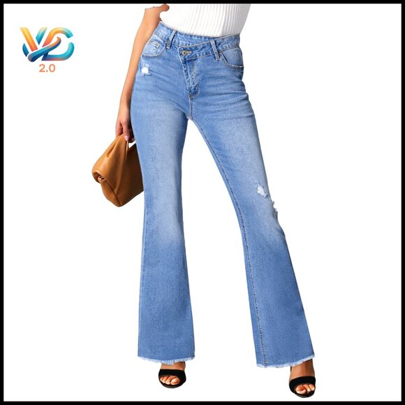 High Waisted Flare Jeans Stretchy Ripped Distressed Raw Hem Denim Pants